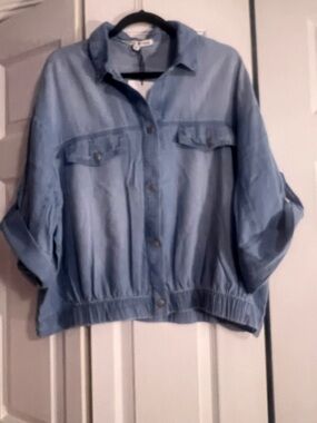 Light Blue Denim Bomber Jacket - Women